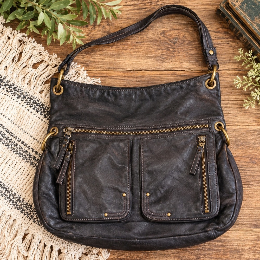 The Sak Large Black Leather Purse Shoulder Or Crossbody Bag Boho Braided Biker